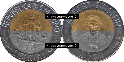 Gedenkmünzen aus San Marino, in PNG 1984-1984, 500 Lire Albert Einstein 1984 (Stück 1). Vorderseite und Rückseite horizontal... Sammlung