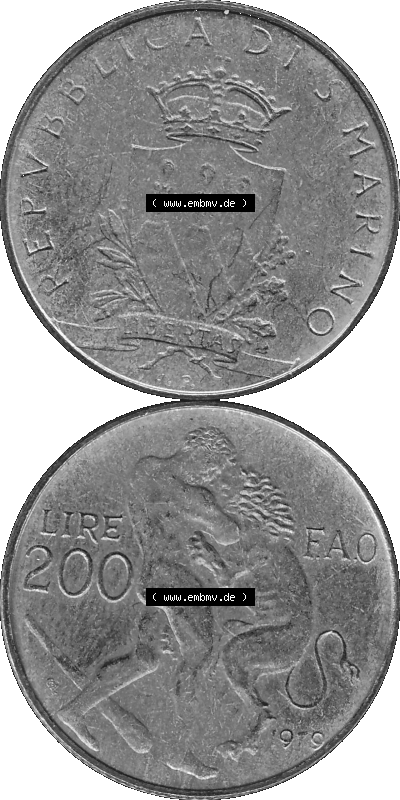Münzensatz / KMS 1979 aus San Marino in Graustufen 1979-1979, 200 Lire, L.200, J. V. LIBERTAS REPVBBLICA DI S. MARINO, 1979 L.200 Sammlung