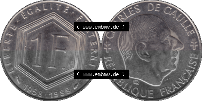 Münzen Frankreich Umlaufmünze 1988-1988, 1 Francs, Franken 1988 (Stück 1). Vorderseite und Rückseite horizontal auf einen... Sammlung