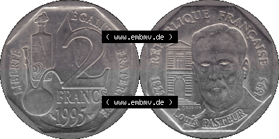 Münzen Frankreich Umlaufmünze 1995-1995, 2 France Louis Rasteur 1995 (Stück 1). Vorderseite und Rückseite horizontal auf einen... Sammlung