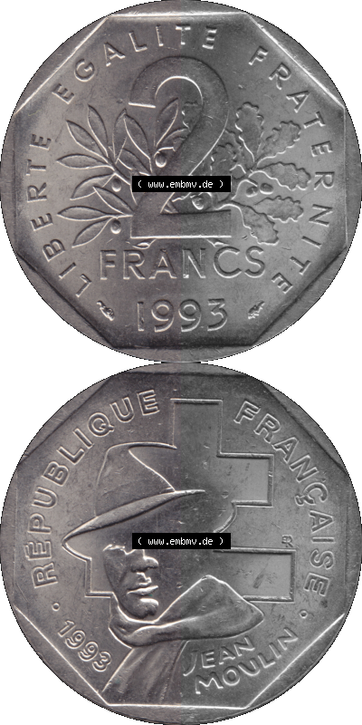 Münzen Frankreich Umlaufmünze 1993-1993, 2 Francs Jean Moulin 1993 (Stück 1). Vorderseite und Rückseite vertikal auf einen... Sammlung