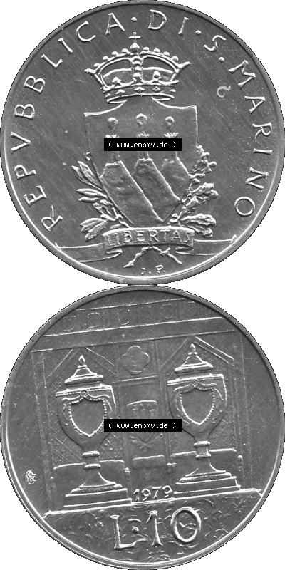 Münzensatz / KMS 1979 aus San Marino in Graustufen 1979-1979, 10 Lire, J. V. LIBERTAS REPVBBLICA DI S. MARINO, 1979 L.10 Sammlung