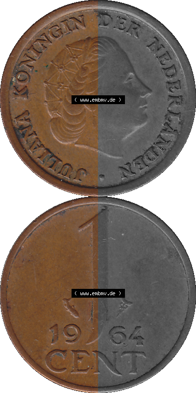 Münze der Niederlande 1951-1975, in PNG digitalisiert 1950-1980, 1 Cent Königin Juliana 1964, Vorderseite und Rückseite vertikal,... Sammlung