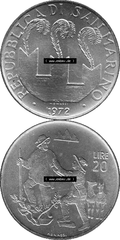 Münzensatz / KMS 1972 aus San Marino in Graustufen 1972-1972, 20 Lire, 1972, MONASSI REPUBBLICA DI SAN MARINO Sammlung