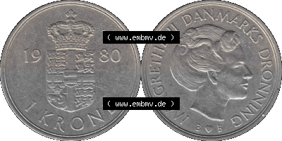 Alte Münze aus Dänemark als PNG-Grafik 1979-1981, 1 Krone 1980 Kursmünze Sammlung