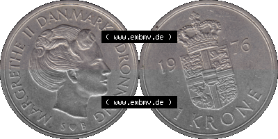 Alte Münze aus Dänemark als PNG-Grafik 1973-1989, 1 Krone 1976 Sammlung