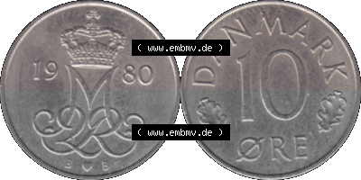 Alte Münze aus Dänemark als PNG-Grafik 1973-1988, 10 Öre 1980 Sammlung