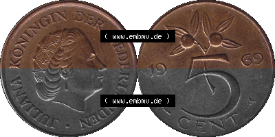 Alte Münze der Niederlande 1951-1975, in PNG digitalisiert 1950-1980, 5 Cent Königin Juliana 1969, 5 Cent Umlaufmünze aus den... Sammlung