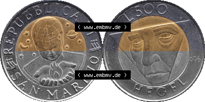 Gedenkmünzen aus San Marino, in PNG 1996-1996, 500 Lire Die Künste 1996 (Stück 1). Vorderseite und Rückseite horizontal auf... Sammlung