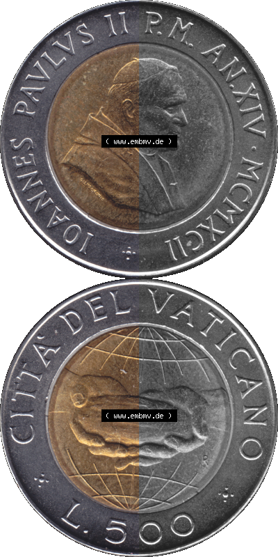 Vatikanstadt / Vatikan als PNG-Grafik 1992-1992, 500 Lire Papst Giovanni Paolo II. 1992 Sammlung