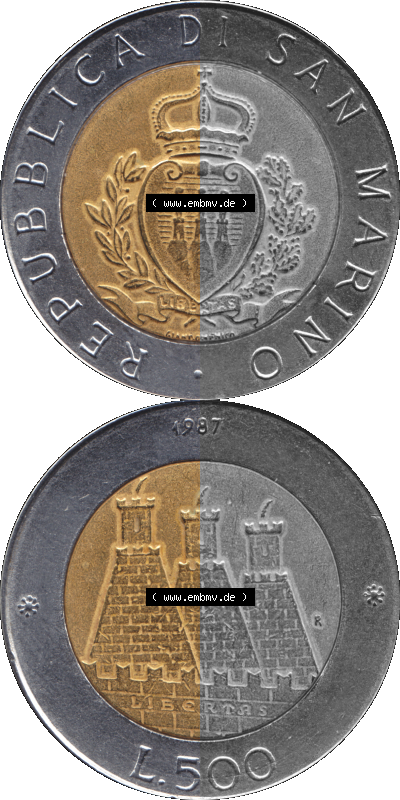 Gedenkmünzen aus San Marino, in PNG 1987-1987, 500 Lire 15. Jahrestag - Wiederaufnahme der Münzenprägung 1987 (Stück 1). Vorderseite... Sammlung