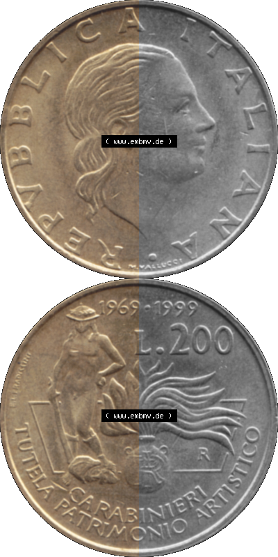 Münze aus Italien / Italia als PNG-Grafik 1999-1999, 200 Lire Carabinieri, Schutz der Kunsterbe 1999 Sammlung
