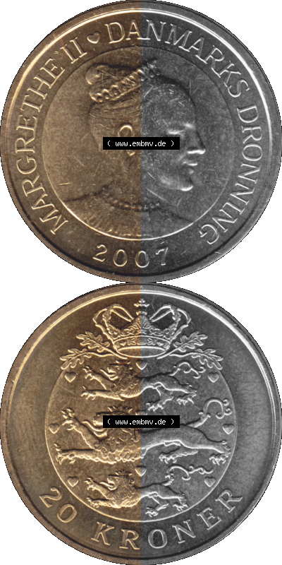 Münze aus Dänemark als PNG-Grafik 2003-2010, 20 Kronen 2007, transparente PNG-Grafik in 1250 x 2500 Pixel Sammlung