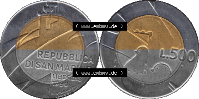 Gedenkmünzen aus San Marino, in PNG 1990-1990, 500 Lire 1600 Jahre San Marino 1990 (Stück 1). Vorderseite und Rückseite horizontal... Sammlung