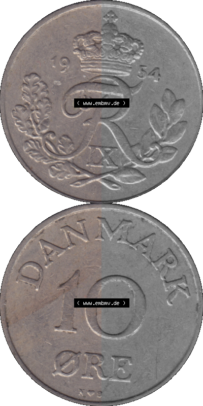 Alte Münze aus Dänemark als PNG-Grafik 1948-1960, 10 Öre 1954 (Stück 1). Vorderseite und Rückseite vertikal auf einen digitalen... Sammlung