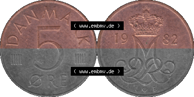 Alte Münze aus Dänemark als PNG-Grafik 1982-1988, 5 Öre 1982 Kursmünzen Sammlung