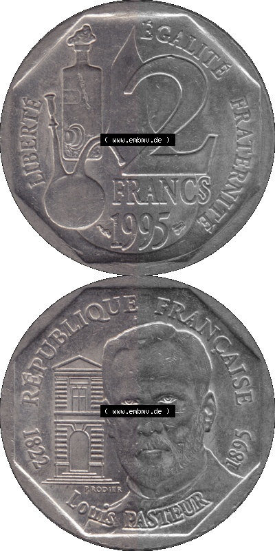 Münzen Frankreich Umlaufmünze 1995-1995, 2 France Louis Rasteur 1995 (Stück 1). Vorderseite und Rückseite vertikal auf einen... Sammlung