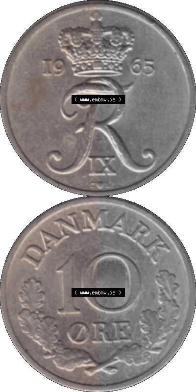 Alte Münze aus Dänemark als PNG-Grafik 1960-1972, 10 Öre 1965 (Stück 1). Vorderseite und Rückseite vertikal auf einen digitalen... Sammlung