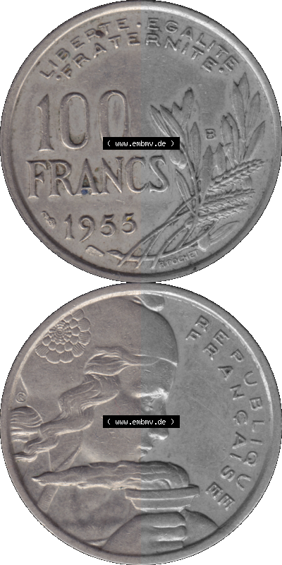 Münzen Frankreich Umlaufmünze 1954-1958; 100 Francs, Franken Typ I. 1955 (Stück 1). Vorderseite und Rückseite vertikal auf... Sammlung