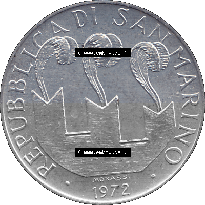 San Marino 1972-1972, Münze 10 Lire 1972, MONASSI REPUBBLICA DI SAN MARINO, 10 LIRE Sammlung