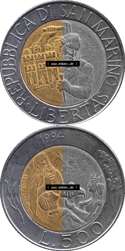 Gedenkmünzen aus San Marino, in PNG 1994-1994, 500 Lire Steinmetz mit Hammer und Meißel Rauchtürme -1994 (Stück 1). Vorderseite... Sammlung
