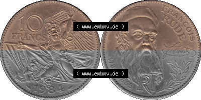 Münzen Frankreich Umlaufmünze 1984-1984, 10 Francs Francois Rude-01 1984 (Stück 1). Vorderseite und Rückseite horizontal auf... Sammlung