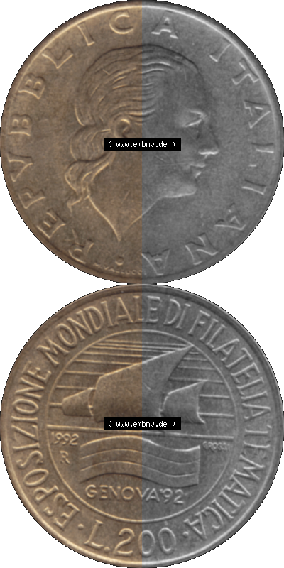 Münze aus Italien / Italia als PNG-Grafik 1992-1992, 200 Lire Briefmarkenausstellung in Genua 1992 Sammlung