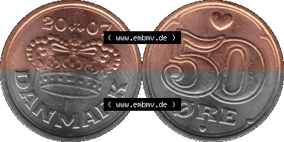 Münze aus Dänemark als PNG-Grafik 1989-2023, 50 Öre 2007, transparente PNG-Grafik in 2000 x 1000 Pixel Sammlung