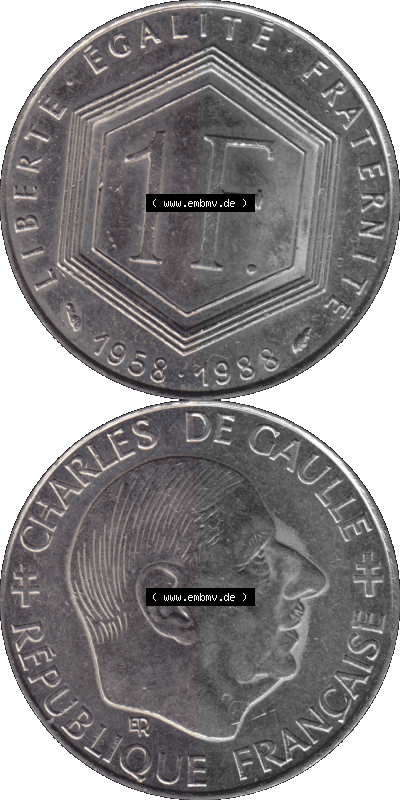 Münzen Frankreich Umlaufmünze 1988-1988, 1 Francs, Franken 1988 (Stück 1). Vorderseite und Rückseite vertikal auf einen digitalen... Sammlung