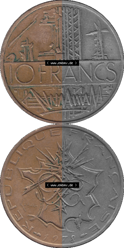 Münzen Frankreich Umlaufmünze 1974-1987, 10 Franken-Francs 1978 (Stück 2). Vorderseite und Rückseite vertikal auf einen digitalen... Sammlung