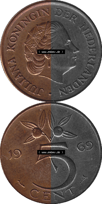 Alte Münze der Niederlande 1951-1975, in PNG digitalisiert 1950-1980, 5 Cent Königin Juliana 1969, 5 Cent Umlaufmünze aus den... Sammlung