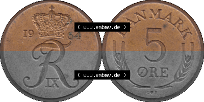 Alte Münze aus Dänemark als PNG-Grafik 1960-1972, 5 Öre 1964 (Stück 1). Vorderseite und Rückseite horizontal auf einen digitalen... Sammlung