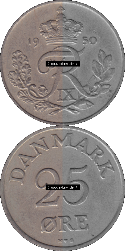 Alte Münze aus Dänemark als PNG-Grafik 1948-1960, 25 Öre 1950 (Stück 1). Vorderseite und Rückseite vertikal auf einen digitalen... Sammlung