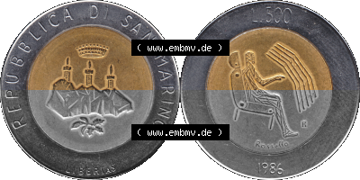 Gedenkmünzen aus San Marino, in PNG 1986-1986, 500 Lire Revolution der Technologie 1986 (Stück 1). Vorderseite und Rückseite... Sammlung