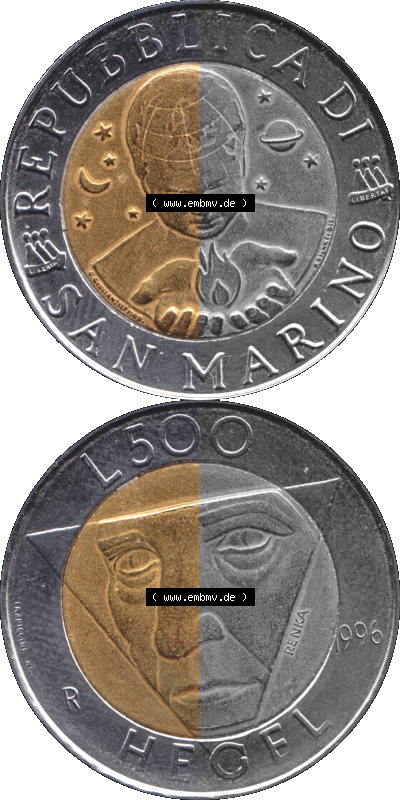 Gedenkmünzen aus San Marino, in PNG 1996-1996, 500 Lire Die Künste 1996 (Stück 1). Vorderseite und Rückseite vertikal auf... Sammlung