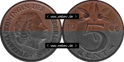 Alte Münze der Niederlande 1951-1975, in PNG digitalisiert 1950-1980, 5 Cent Königin Juliana 1966, 5 Cent Umlaufmünze aus den... Sammlung