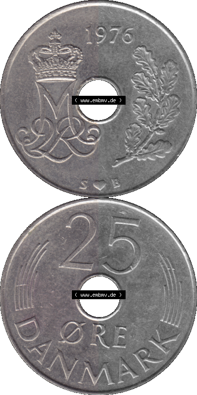 Alte Münze aus Dänemark als PNG-Grafik 1973-1988, 25 Öre 1976 Sammlung