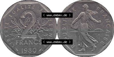 Münzen Frankreich Umlaufmünze 1979-2001, 2 Francs Säerin Semeuse 1980 (Stück 1). Vorderseite und Rückseite horizontal auf... Sammlung