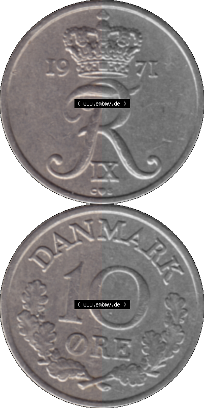 Alte Münze aus Dänemark als PNG-Grafik 1960-1972, 10 Öre 1971 (Stück 2). Vorderseite und Rückseite vertikal auf einen digitalen... Sammlung