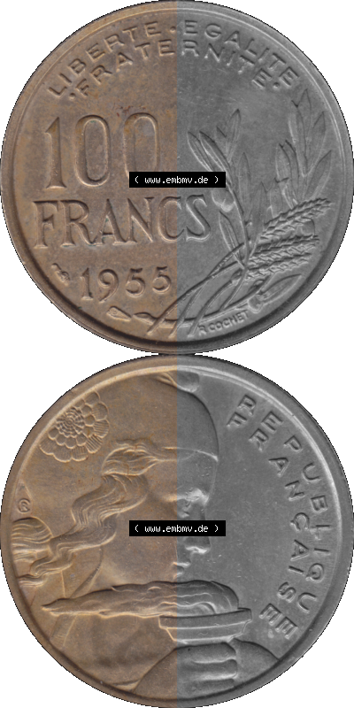 Münzen Frankreich Umlaufmünze 1954-1958, 100 Francs, Franken Typ II 1955 (Stück 1). Vorderseite und Rückseite vertikal auf... Sammlung