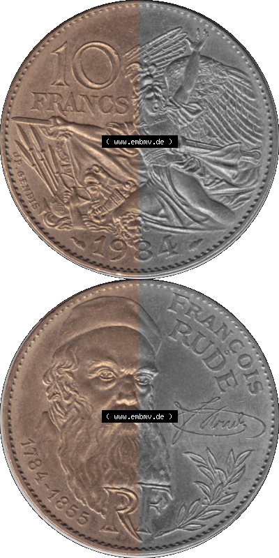 Münzen Frankreich Umlaufmünze 1984-1984, 10 Francs Francois Rude-01 1984 (Stück 1). Vorderseite und Rückseite vertikal auf... Sammlung
