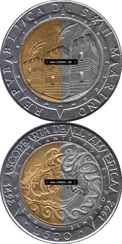Gedenkmünzen aus San Marino, in PNG 1992-1992, 500 Lire Columbus 1992 (Stück 1). Vorderseite und Rückseite vertikal auf einen... Sammlung