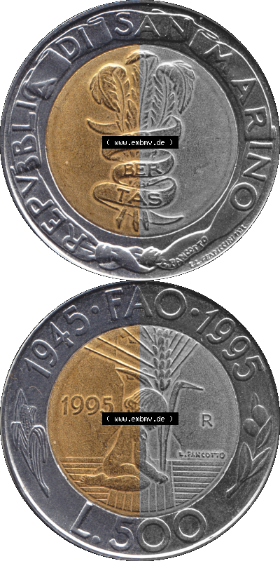 Gedenkmünzen aus San Marino, in PNG 1995-1995, 500 Lire F.A.O. 1995 (Stück 1). Vorderseite und Rückseite vertikal auf einen... Sammlung