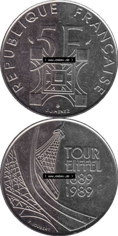 Münzen Frankreich Umlaufmünze 1989-1989, 5 Francs Franken Eiffelturm 1989 (Stück 1). Vorderseite und Rückseite vertikal auf... Sammlung