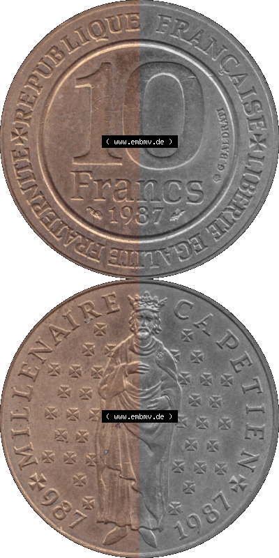 Münzen Frankreich Umlaufmünze 1987-1987, 10 Francs 1000 Jahre König Hugo Capet erster König von Frankreich 1987 (Stück 1).... Sammlung