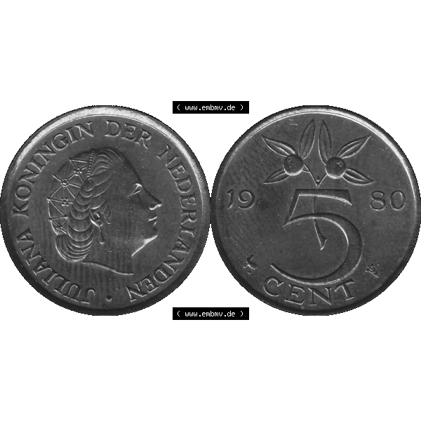 Grau bzw. s/w Alte Münze Niederlande in Grau 1950-1980, 5 Cent Königin Juliana 1980-02 Graustufen. Vorderseite und Rückseite horizontal auf einen digitalen grauen / Graustufen Bild der... Sammlung Graustufen