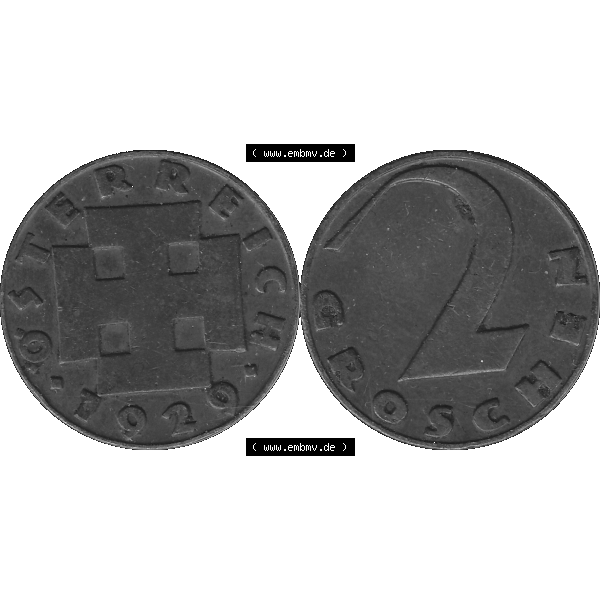 Grau bzw. s/w Alte Münze 2 / Zwei Groschen Österreich in original Farbgebung von Scanner transparenten PNG 1925-1938, 2 Zwei Groschen, Krückenkreuz 1929-01. Vorderseite und Rückseite... Sammlung Graustufen