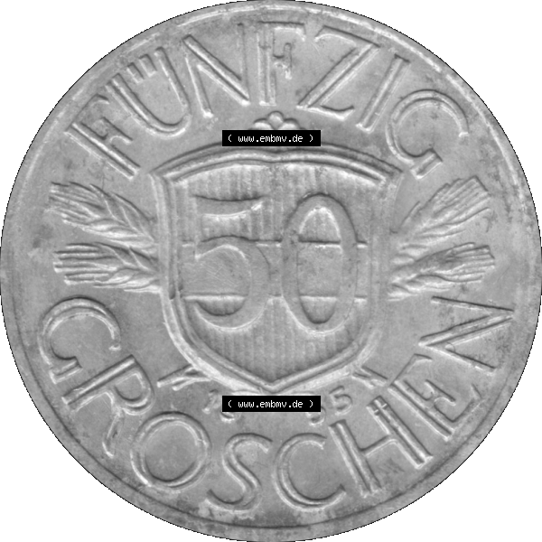 Grau bzw. s/w Alte Münze aus Österreich als PNG-Grafik 1946-1955, 50 Groschen 1955-01. Rückseite der alten 50 Groschen Umlaufmünze aus Österreich, Münze wurde vor dem... Sammlung Graustufen