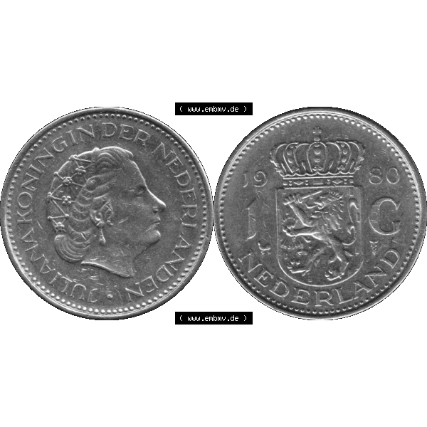 Grau bzw. s/w Alte Münze Niederlande in Grau 1967-1980, 1 Gulden Königin Juliana 1980-01. Graustufen. Vorderseite und Rückseite horizontal auf einen digitalen grauen / Graustufen... Sammlung Graustufen