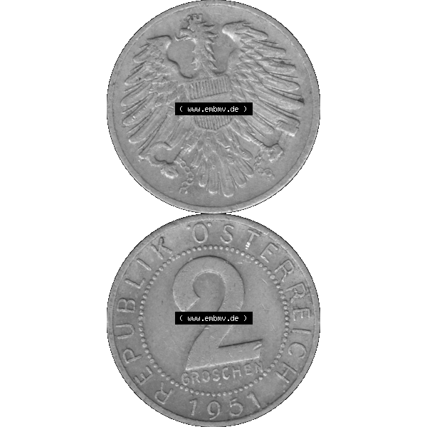 Grau bzw. s/w Alte Münze aus Österreich als PNG-Grafik 1950-1994, 2 Groschen 1951-01. Vorderseite und Rückseite der 2 Groschen Münze vertikal auf einen digitalen Bild der alten österreichischen... Sammlung Graustufen